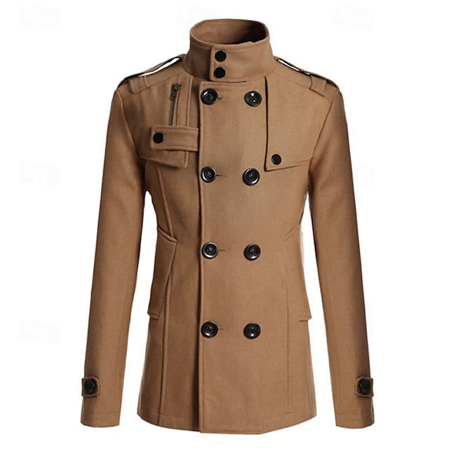 Men's Peacoat Trench Coat Daily Vacation Fall & Winter Polyester Thermal Warm Outerwear Clothing Apparel Fashion Classic Plain Pocket Stand Collar Double Breasted 17