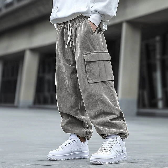 Men's Cargo Pants Corduroy Pants Trousers Baggy Pants Drawstring Elastic Waist Multi Pocket Solid Color Breathable Soft Full Length Formal Office Work Stylish Simple Loose Fit Black Navy Blue High 5
