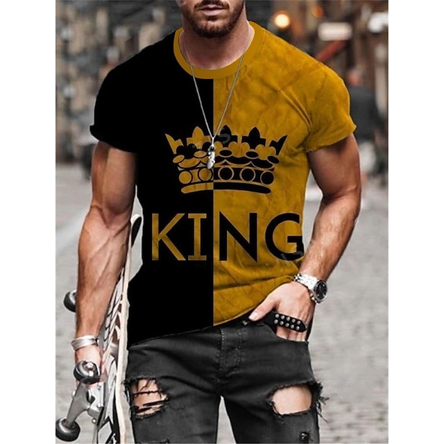  Herre Bokstaver skjøting King T skjorte T-skjorter Kortermet T skjorte 3D-utskrift Crew-hals Skjorte Årgang Elegant og moderne Grunnleggende Avslappet Daglig Svart / Gul Svart / Grå Hvit Klær Store