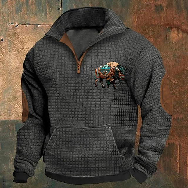 Men's Sweatshirt Waffle Sweatshirt Quarter Zip Sweatshirt Black Navy Blue Khaki Dark Gray Gray Half Zip Graphic Cow Print Patchwork Front Pocket Quarter Zip Daily Holiday Going out Polyester 9