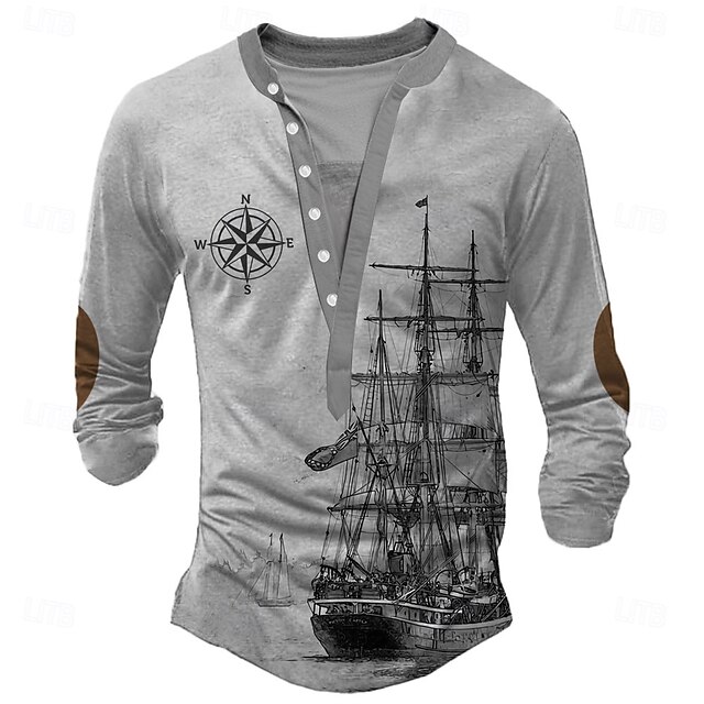Men's Ship Henley Shirt Long Sleeve 3D Printing Sports Fashion Daily Street Casual Daily Winter Spring &  Fall Gray Henley Henley T-Shirt4