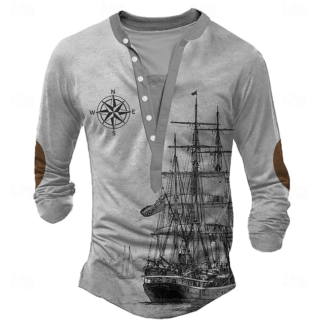 Men's Ship Henley Shirt Long Sleeve 3D Printing Sports Fashion Daily Street Casual Daily Winter Spring & Fall Gray Henley Henley T-Shirt4