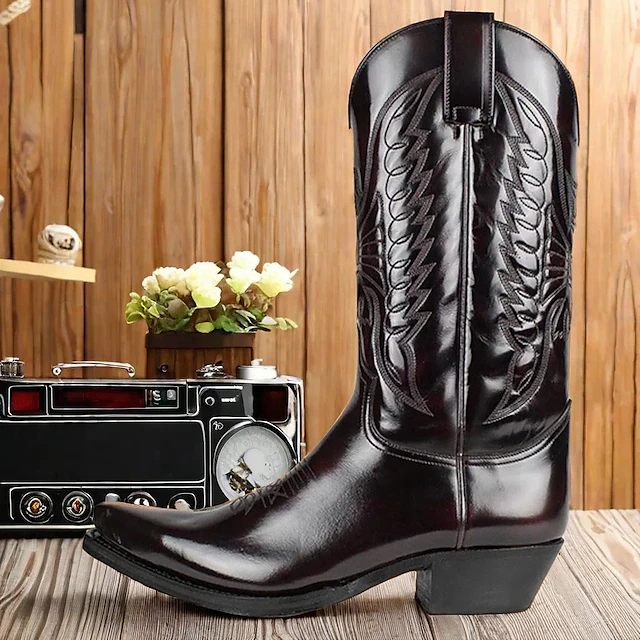 Men's Classic Brown Faux Leather Western Cowboy Boots - Embossed Pattern, Pointed Toe, and Mid-Heel for Rodeo, Ranch, and Casual Wear 11