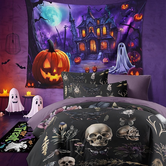  Sada povlečení na přikrývku v tmavém stylu halloween - děsivý a tajemný design - obsahuje povlak na přikrývku a povlak na polštář - měkká a odolná látka