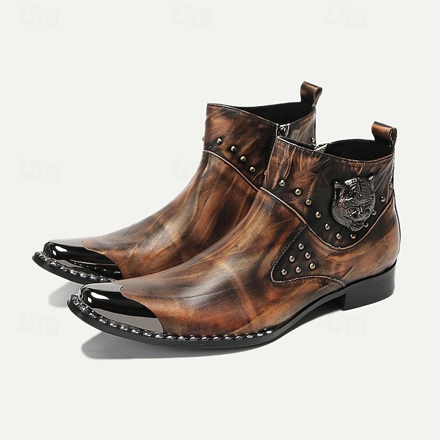  Men's Premium Cowhide Leather Motorcycle Boots with Studded Design, Brown Gradient Finish, and Metallic Detailing – Perfect for Biker Style and Casual Outfits