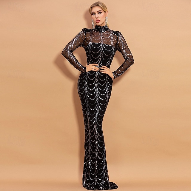  Black Tie Zeemeermin Avondjurk Sequins Glanzende Jurk Formele Vloerlengte Lange Mouwen Illusie Hals Maskerfeest Jurk