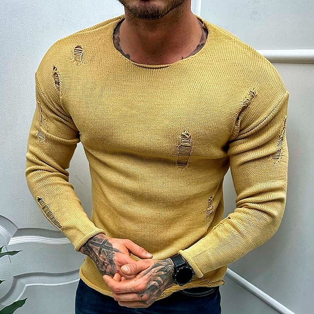 Men's T Shirt Knit Tee Long Sleeve Crewneck Spring &  Fall Solid Color Traditional / Vintage Ripped Outdoor Home Sports & Outdoor Yellow Top Tee for Men4