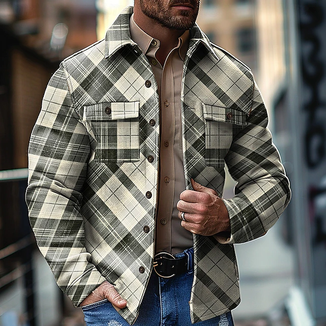 Men's Plaid Geometric Pattern Cowboy Shirt Jacket Overshirt Long Sleeve Vintage Casual Daily Wear Going out Fall & Winter Collared Shirts Buttons 3D Print 2 Pockets Dark Green4