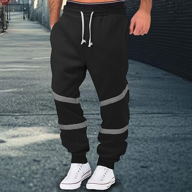 Men's Fleece Pants Sweatpants Joggers Trousers Casual Pants Drawstring Elastic Waist Reflective Strip Plain Comfort Warm Full Length Sports Outdoor Daily Nightclub Fashion Streetwear Black Yellow 8