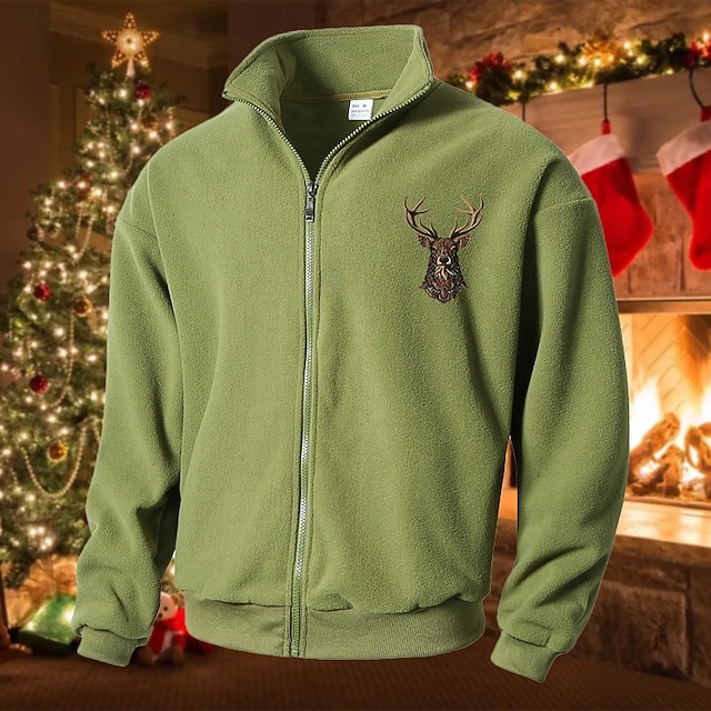 Men's Polar Fleece Jacket Casual Jacket Daily Vacation Warm Pocket Fall & Winter Reindeer Fashion Casual Stand Collar Regular Black Green Beige Gray Jacket 5