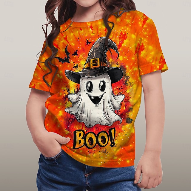  Halloween Voor meisjes 3D Grafisch Geest T-shirt Korte mouw Zomer Lente Modieus Basic Polyester Kinderen 4-12 jaar Strakke ronde hals Buiten Casual Dagelijks Normale pasvorm