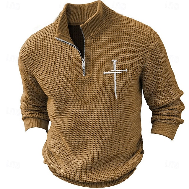 Men's Christian Pullover Sweater Jumper Zip Sweater Polo Sweater Zip Collar Retro Vintage Casual Party Evening Wear Daily Embroidered Knitting Warm Long Sleeve Fall Winter Black Army Green Brown 7