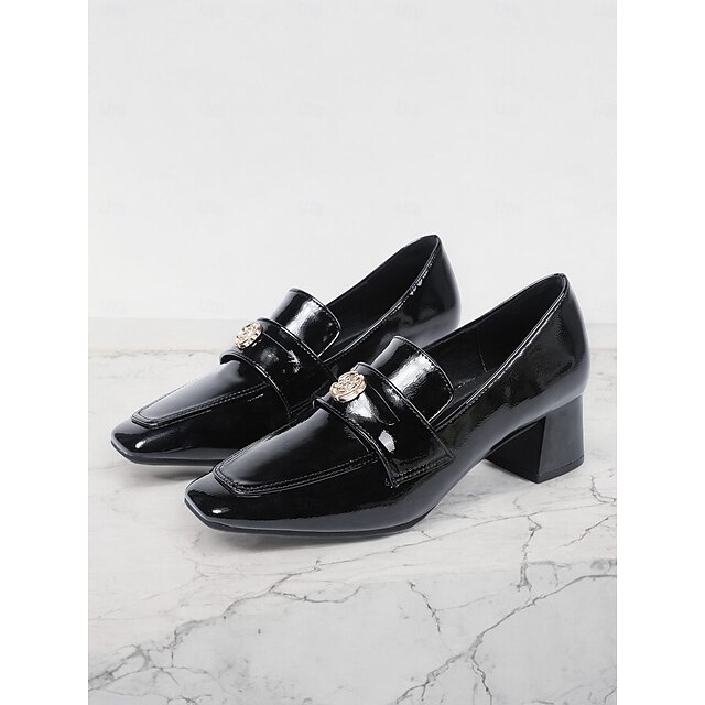 Women's Black Patent Leather Loafers with Block Heel and Rose