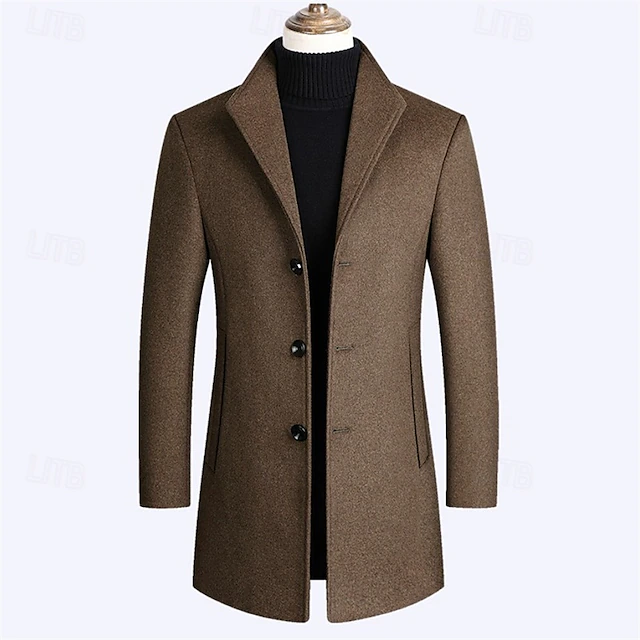 Men's Wool Coat Overcoat Trench Coat Long Trench Coat Daily Vacation Fall & Winter Polyester Thermal Warm Windproof Outerwear Clothing Apparel Fashion Classic Plain Pocket Lapel Single Breasted 14