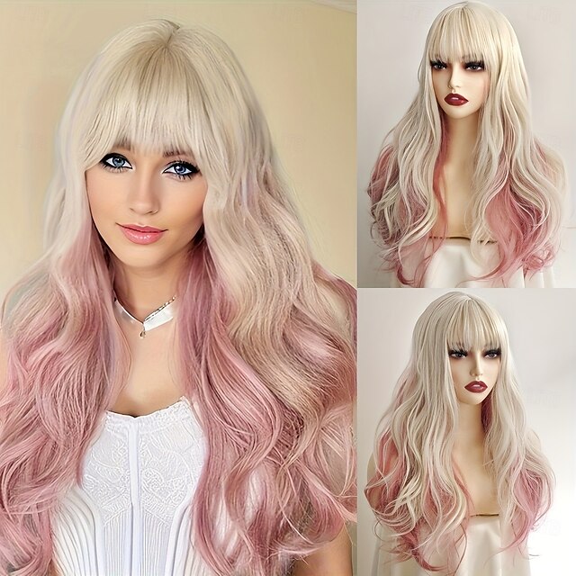  parrucca bionda/rosa lunga ed ondulata chic con frangia per donna - perfetta per il cosplay &parti in fibra sintetica