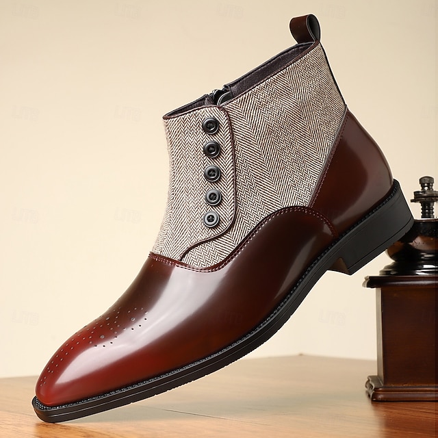 Herren-Stiefeletten aus Stoff und Kunstleder mit Fischgrätenmuster und Knopfleiste – formelle Schuhe im Vintage-Stil für geschäftliche und legere Anlässe