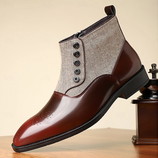 Men's Herringbone Fabric and Faux Leather Button-Up Ankle Boots – Vintage-Inspired Formal Dress Shoes for Business and Casual Occasions 15