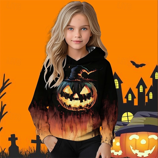  Halloween Voor meisjes 3D Grafisch Pompoen Trui met capuchon Lange mouw Herfst Winter Modieus Basic Polyester Kinderen 4-12 jaar Capuchon Buiten Casual Dagelijks Normale pasvorm
