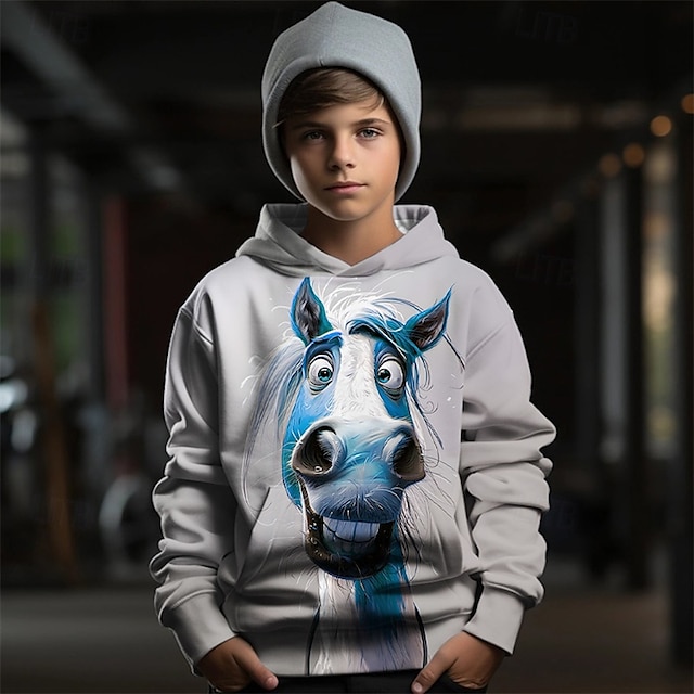  Jongens 3D Grafisch dier Paard Trui met capuchon Lange mouw Lente Herfst Modieus Streetwear Kinderen 4-12 jaar Capuchon Buiten Casual Dagelijks Normale pasvorm