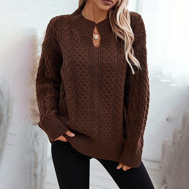 Women's Sweater Elegant Vintage Fashion Solid Color Cable Crew Neck Knitted Long Sleeve Long Tops Knit Work Brown Khaki Fall Winter 8