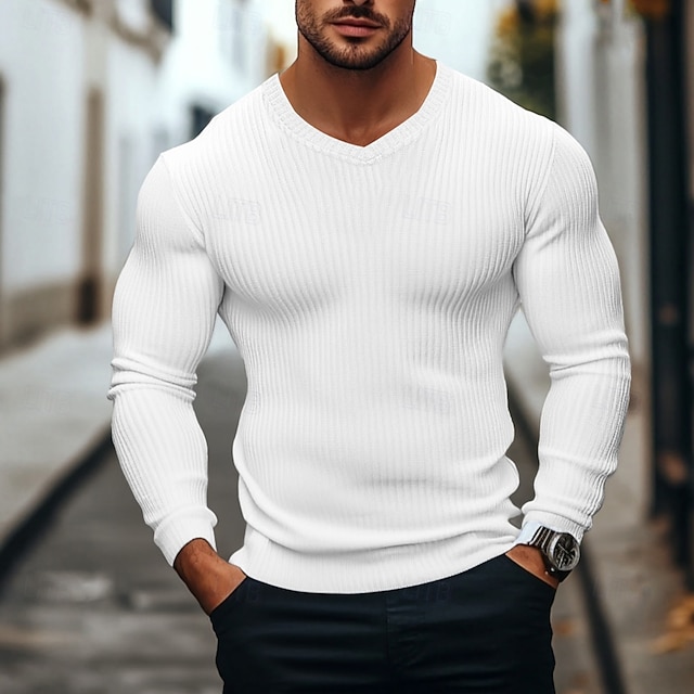  Bărbați Tricou Cămașă musculară Tricou din tricot cu nervuri Tee Top Manșon Lung În V Vară Simplu Pit Strip Modă Designer De Bază Striat Vacanță Stradă Ieșire Negru Alb Vișiniu Top tricou pentru