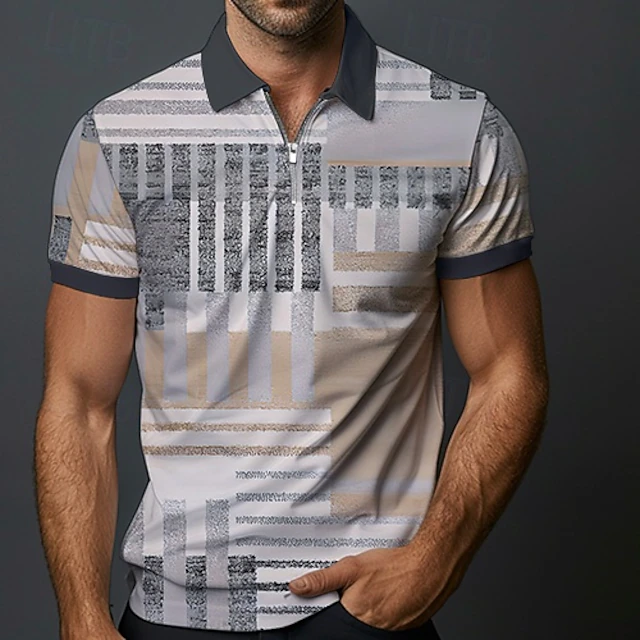 Men's Plaid Zip Polo Shirts Golf Shirt Short Sleeve Polo Shirts Collared Shirts Vintage Casual Vacation Wear Formal Wear Festival Wear 3D Print Quarter Zip Polo Summer Spring Light Grey4