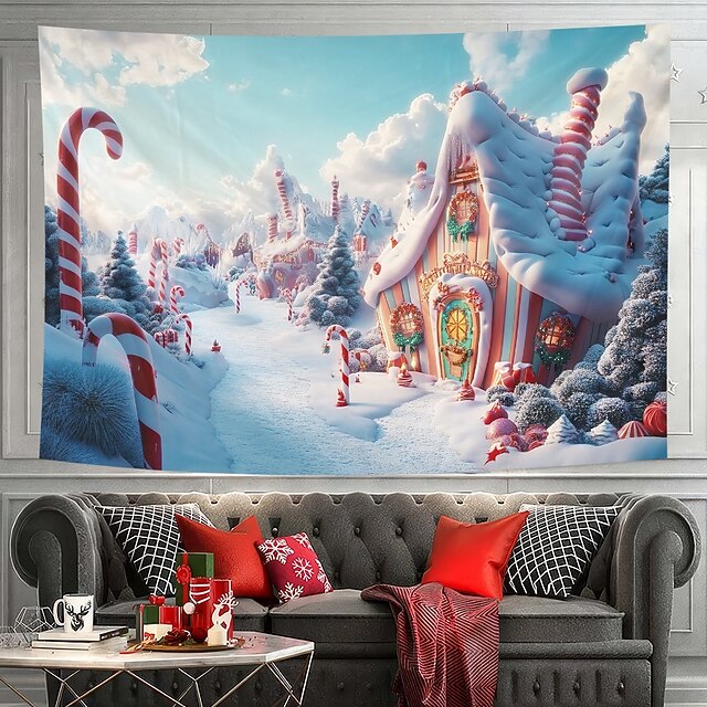Christmas Decorations Hanging Tapestry Wall Art Xmas Candy Cane Large Tapestry Mural Decor Photograph Backdrop Blanket Curtain Home Bedroom Living Room Candy House 13