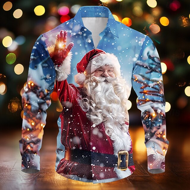 Christmas Men's Santa Claus Printed Shirts Santa Claus Casual Button Up Long Sleeve Party Evening Fall Winter Spring & Summer Collar Button Up 3D Print Thin Blue Polyester4