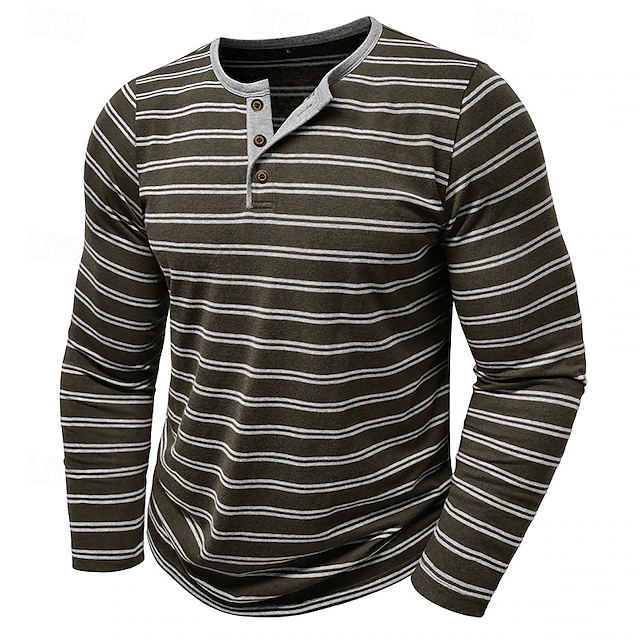 Men's Button T Shirt T Shirt Henley Shirt Tee Long Sleeve Henley Spring & Fall Striped Fashion Designer Basic Buttons Vacation Street Going out Black White Army Green Top Tee for Men 20