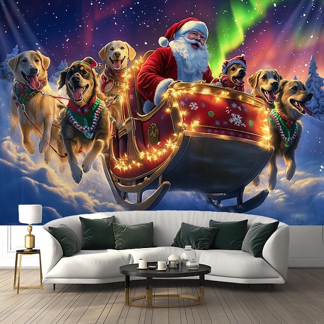 Christmas Decorations Hanging Tapestry Santa Dogs Sleigh Wall Art Xmas