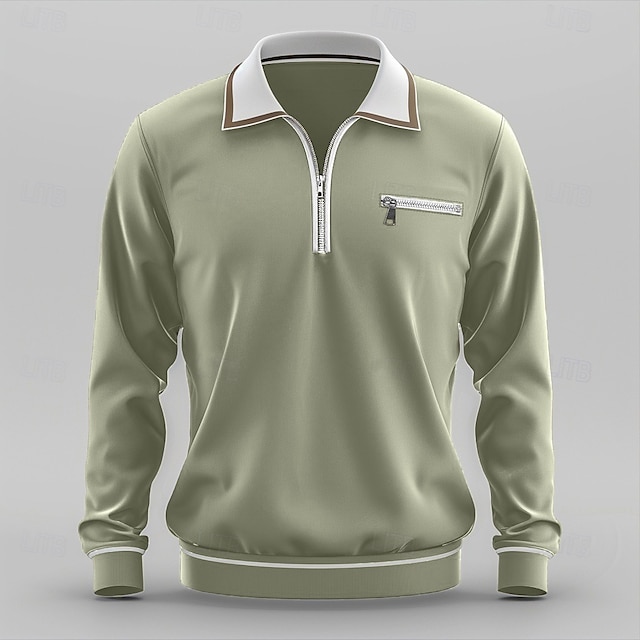  Herr Sport Polo Quarter Zip Polo Gata Semester Fjärdedels blixtlås Långärmad Mode Grundläggande Ensfärgat Ficka Vår & Höst Normal Grön Mörkgrå Sport Polo