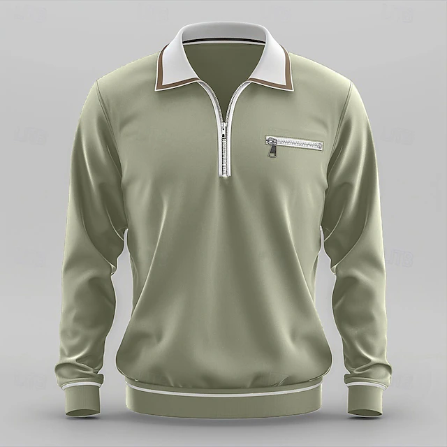 Men's Sport Polo Quarter Zip Polo Street Vacation Quarter Zip Long Sleeve Fashion Basic Solid Color Pocket Spring & Fall Regular Fit Green Dark Grey Sport Polo 5