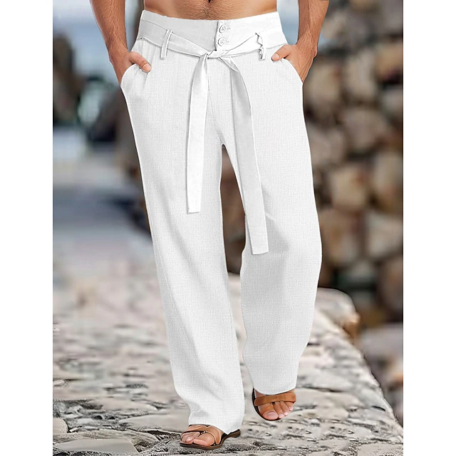 Men's Linen Pants Trousers Summer Pants With Belt Front Pocket Straight Leg Plain Comfort Breathable Full Length Casual Daily Holiday Fashion Basic Black White Inelastic 7