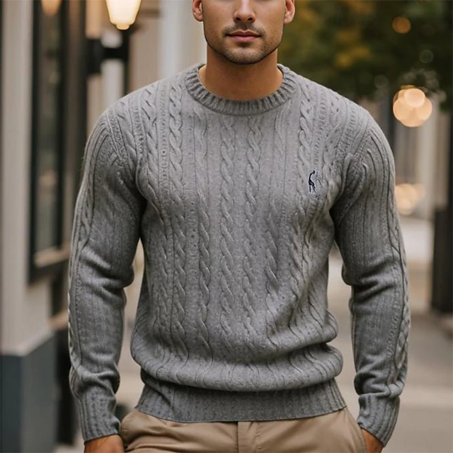 Men's Sweater Cable Knit Cable Solid Color Crew Neck Elegant Vintage Formal Home Clothing Apparel Bishop Sleeve Fall Winter Black White S M L 11