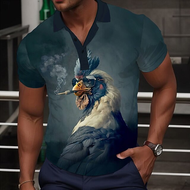 Men's Rooster Golf Shirt Short Sleeve Polo Shirts Collared Shirts Casual Funny Streetwear Vacation Wear Party Outfits Buttons 3D Print Summer Black4