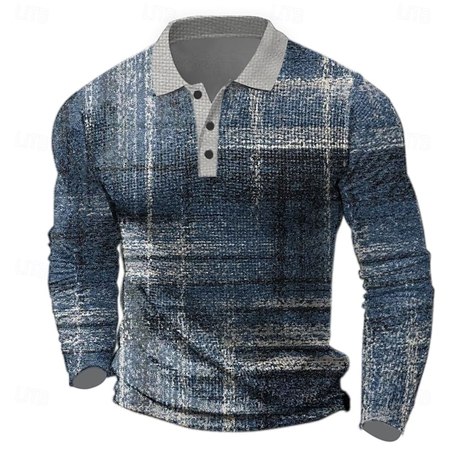  Men's Plaid Waffle Polo Shirts Golf Shirt Long Sleeve Polo Shirts Collared Shirts Vintage Casual Vacation Wear Formal Wear Festival Wear Buttons 3D Print Spring Fall Winter Blue
