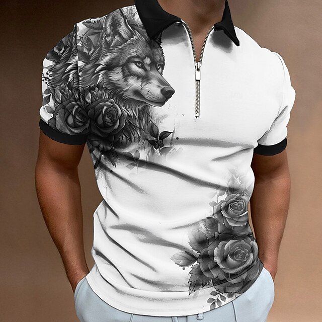 Men's Wolf Zip Polo Shirts Golf Shirt Short Sleeve Polo Shirts Collared Shirts Casual Funny Streetwear Vacation Wear Party Outfits 3D Print Quarter Zip Polo Summer Spring Black Wine Red 7