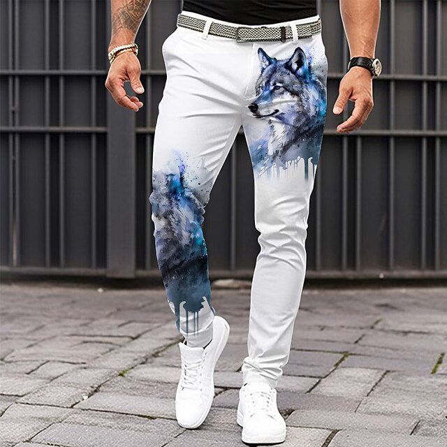 Men's Wolf Dress Pants Mid Waist Casual Formal Dailywear Zipper Pocket Summer Spring Fall 3D Print Black White Yellow 9