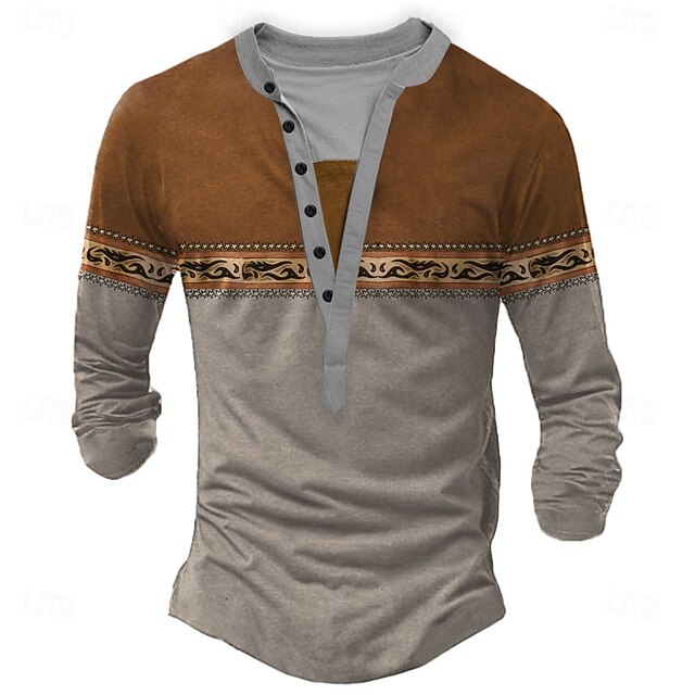 Men's New Year Solid Color Henley Shirt Long Sleeve 3D Printing Ethnic Party Street Casual Winter Spring &  Fall Brown Henley Henley T-Shirt4
