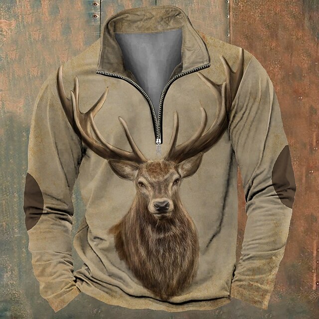Men's Hunting Deer Sweatshirts Quarter Zip Sweatshirt Long Sleeve Sweatshirt Crew Neck Vintage Retro Western Cowboy 3D Printing Hunting Winter Spring &  Fall4