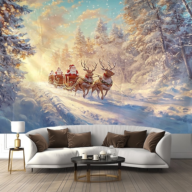  juledekorasjoner hengende billedvev veggkunst jul hjort julenissen slede stor billedvev veggmaleri dekor fotografi bakteppe teppe gardin hjem soverom stue