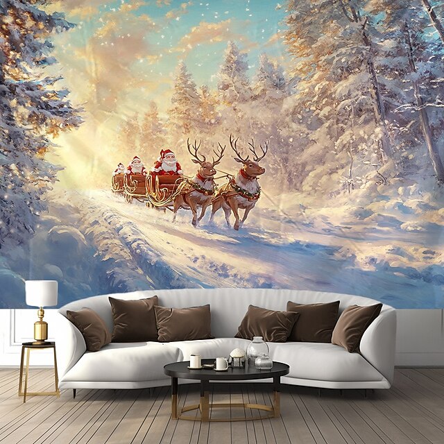 Christmas Decorations Hanging Tapestry Wall Art Xmas Deer Santa Claus Sleigh Large Tapestry Mural Decor Photograph Backdrop Blanket Curtain Home Bedroom Living Room 11