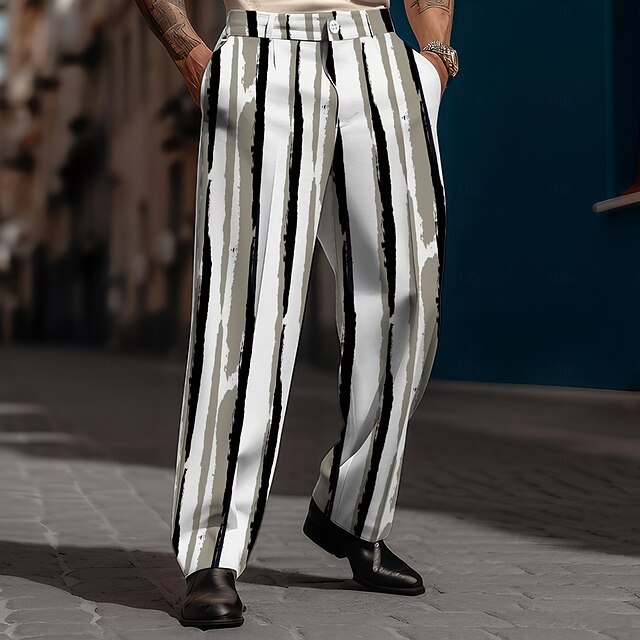 Men's Geometric Striped Dress Pants Mid Waist Business Casual Formal Dailywear Zipper Pocket Straight Leg Trousers Summer Spring Fall 3D Print Black4