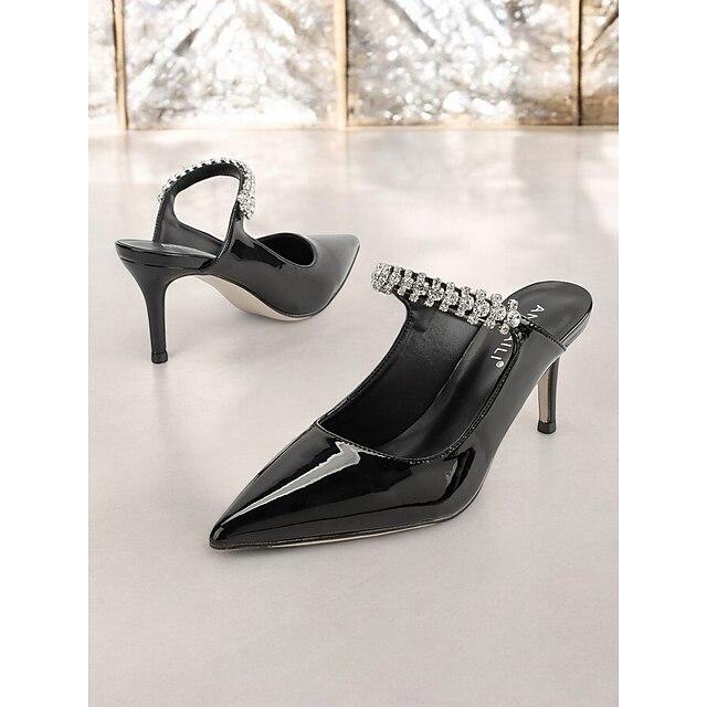 Black Patent Faux Leather Stiletto Heels with Rhinestone Embellished