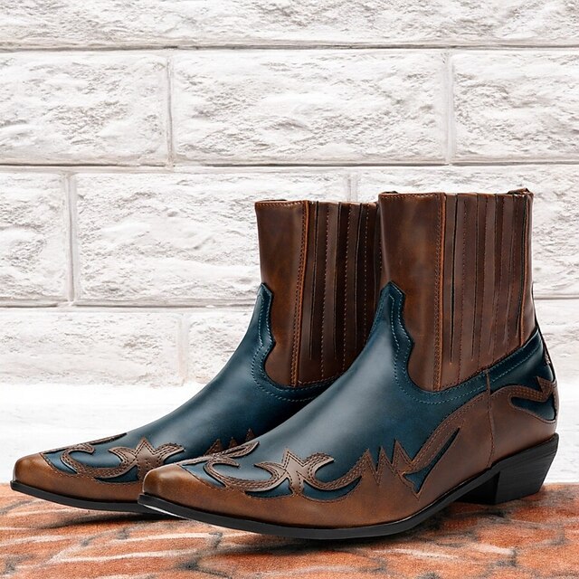 Men's Brown and Blue Western Cowboy Boots – Embroidered Faux Leather Design for Casual and Country Style Wear 12