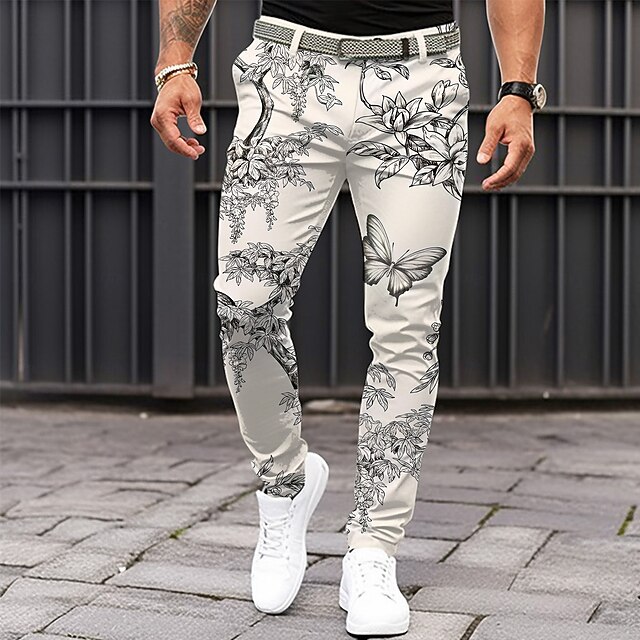 Men's Floral Dress Pants Mid Waist Casual Vacation Dailywear Zipper Pocket Summer Spring Fall 3D Print White4