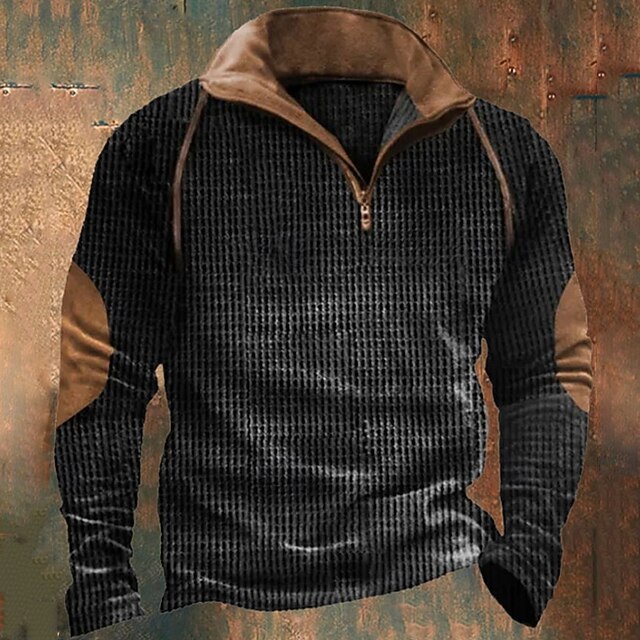 Men's Sweatshirt Quarter Zip Sweatshirt Black Half Zip Color Block Patchwork Ribbed Textured Sports & Outdoor Daily Holiday Polyester Corduroy Streetwear Basic Casual Spring & Fall Clothing Apparel2