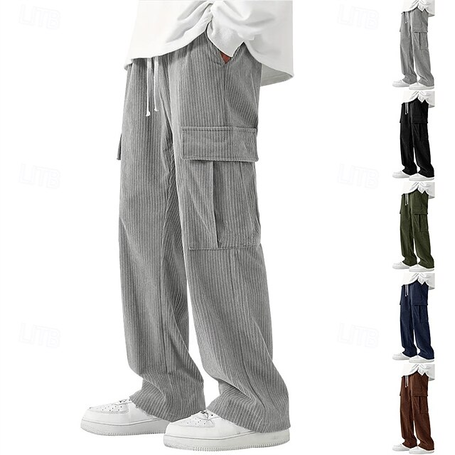 Men's Cargo Pants Corduroy Pants Trousers Straight Leg Sweatpants Elastic Waist Drawstring Multi Pocket Plain Wearable Outdoor Daily Camping & Hiking Fashion Classic Black Army Green 19