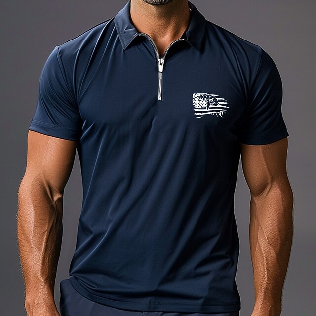 Men's American Flag Zip Polo Shirts Golf Shirt Short Sleeve Polo Shirts Collared Shirts Casual Streetwear Vacation Wear Party Outfits 3D Print Quarter Zip Polo Summer Spring Blue4