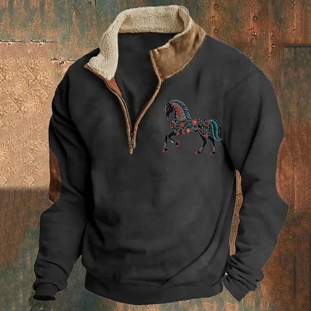  Homme Sweat-shirt Sweat-shirt quart de fermeture éclair Noir bleu marine Marron Gris Demi-zip Bloc de Couleur Cheval Patchwork Sport & Loisir Quotidien Fête Polyester ancien Basique Occasionnel
